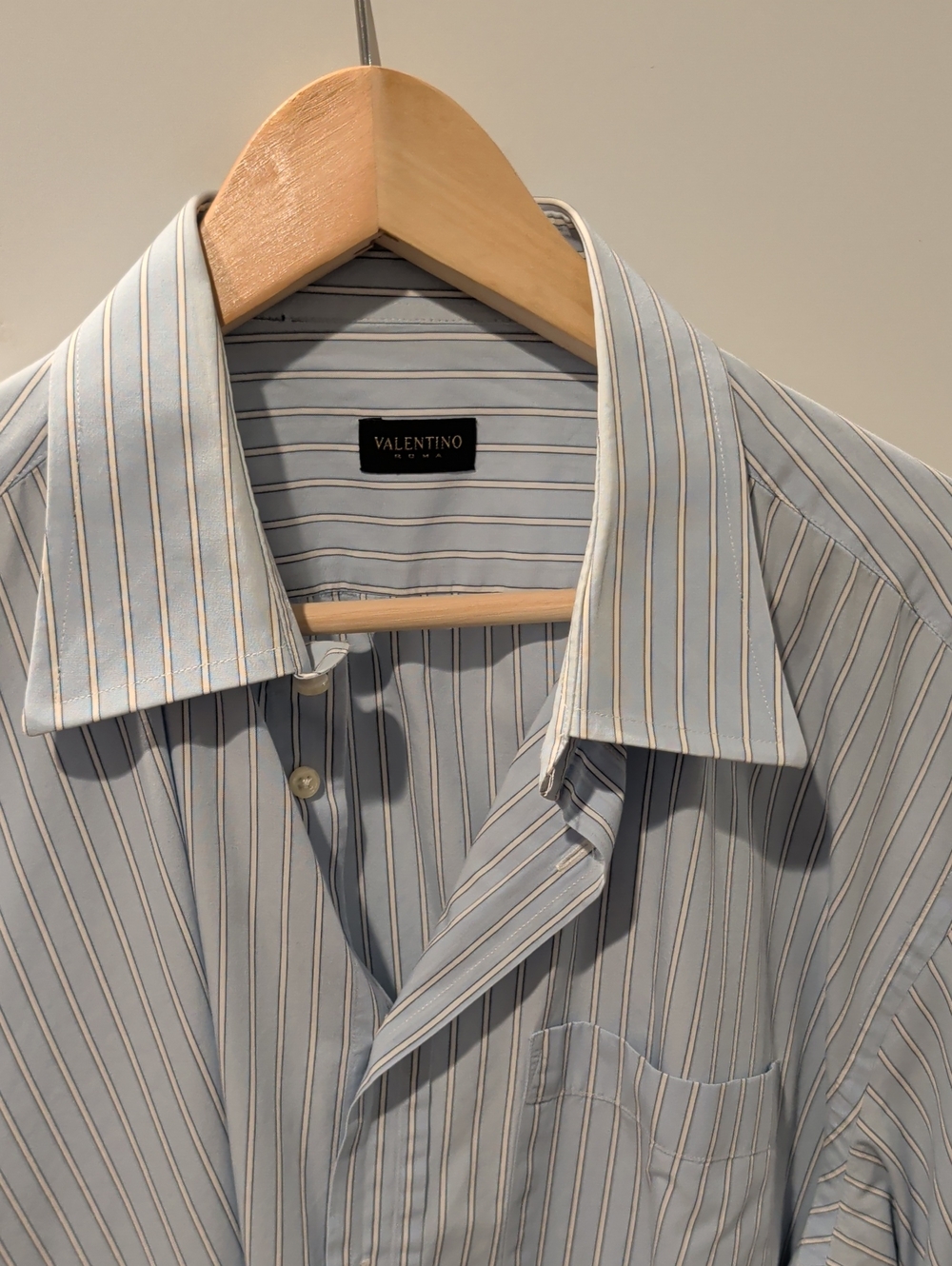 Valentino Blue and White Pinstripe Point-Collar Dress Shirt